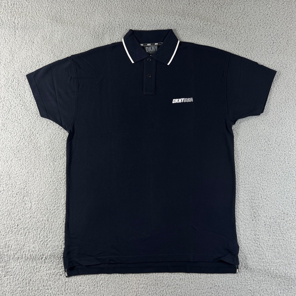 DKNY Polo Shirt Men S Navy Blue Short Sleeve Cotton Tipped Collar Logo USA VTG